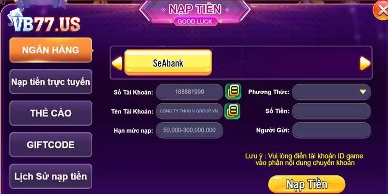 Chi tiết cách nạp tiền tại cổng game VB77
